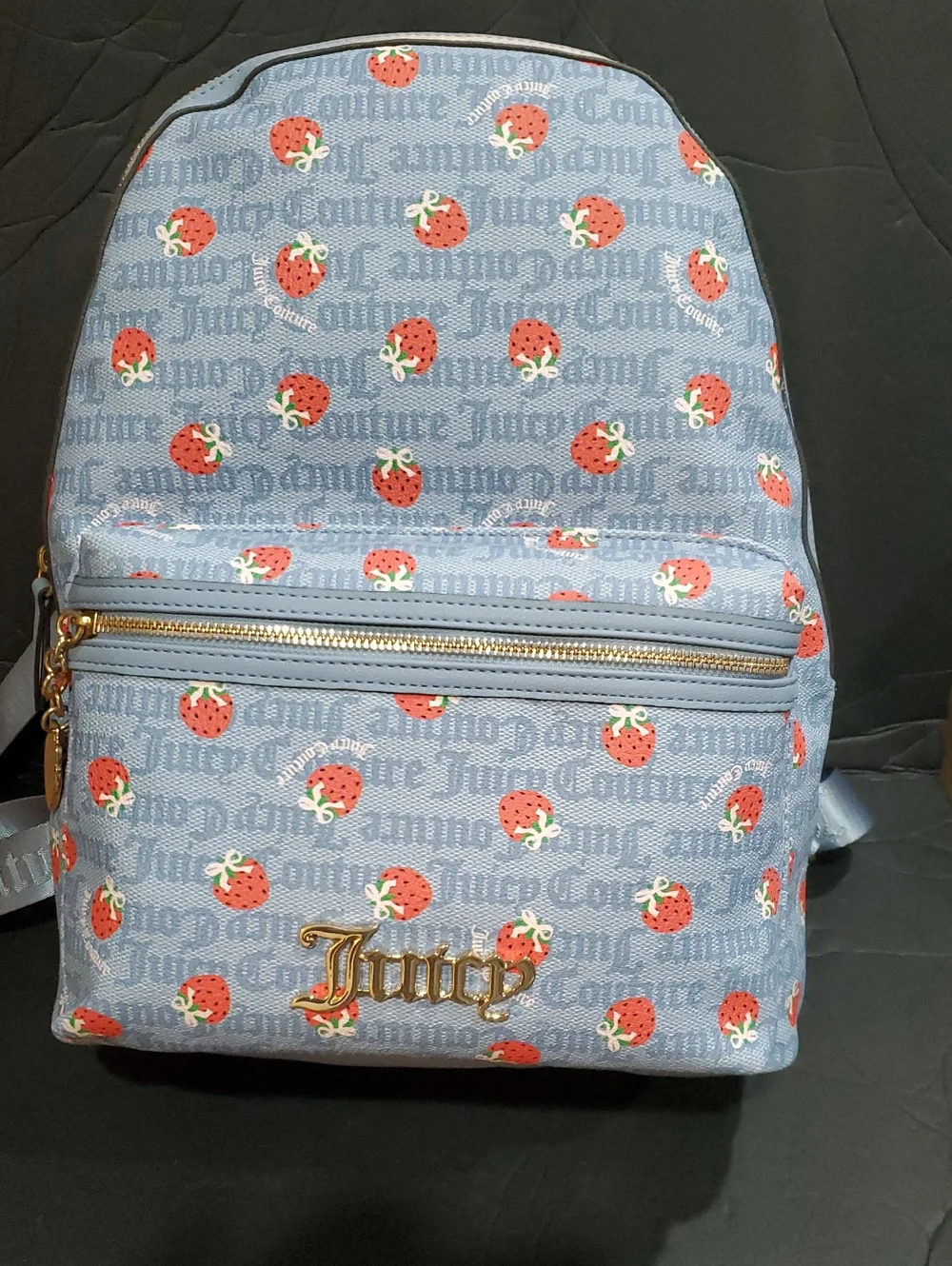 Juicy Couture berry sweet dusty blue red strawberry print monogram backpack new